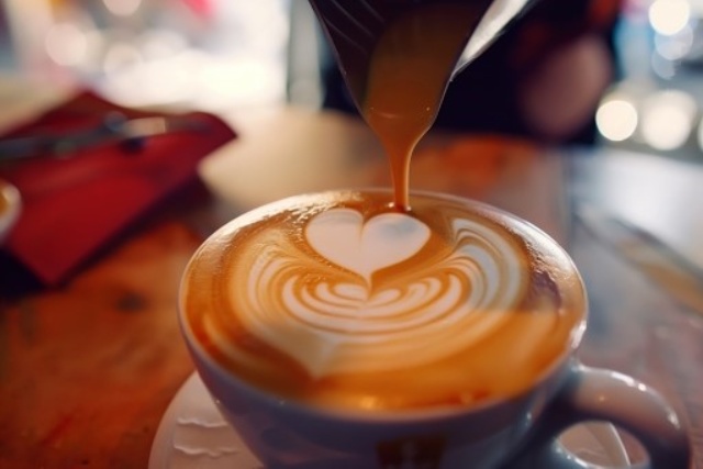 A barista pouring milk into a cup of coffee, creating intricate latte art on the surface.