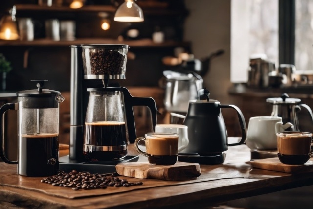 A variety of barista tools, coffee brewing equipment, and accessories.